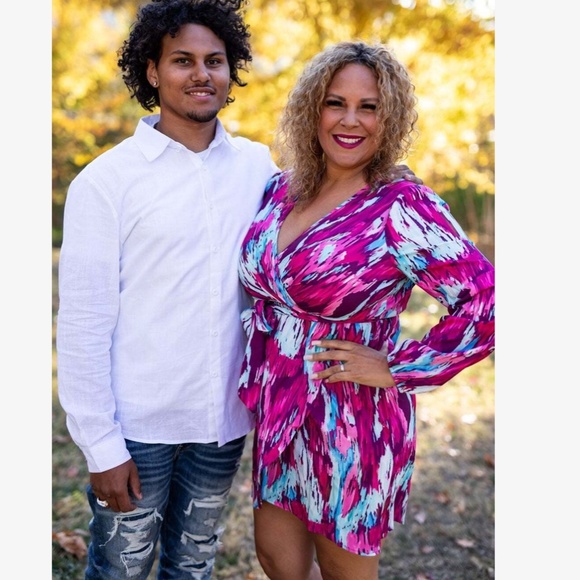 Printed Blue Purple Pink Wrap Short Dress Tie Belt Long Lantern Sleeve - Picture 8 of 10